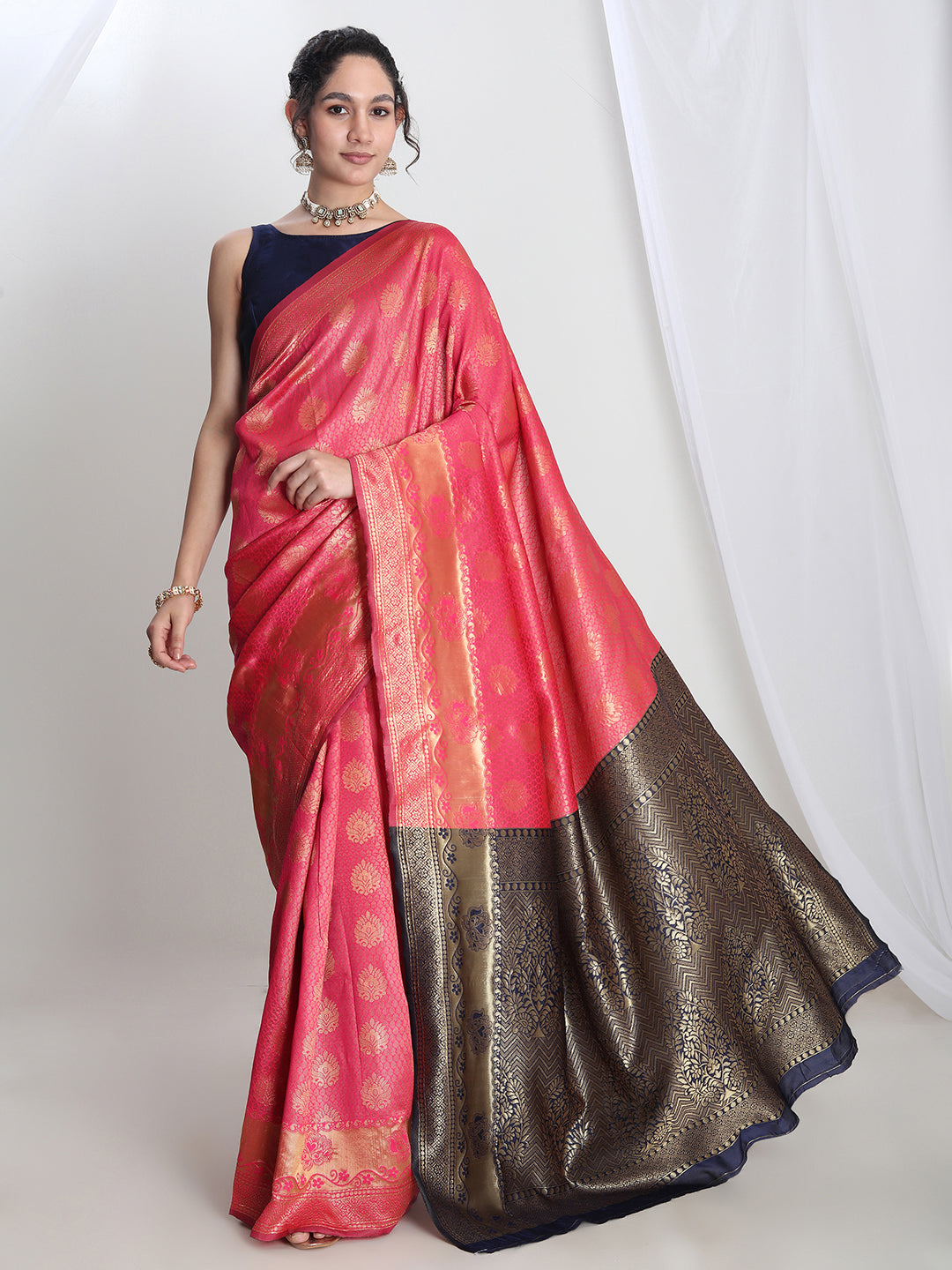 Janasya Pink Silk Blend Ethnic Motifs Jacquard Saree | Swadesiicart