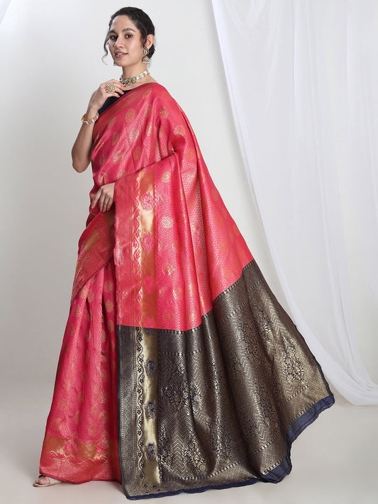 Janasya Pink Silk Blend Ethnic Motifs Jacquard Saree | Swadesiicart