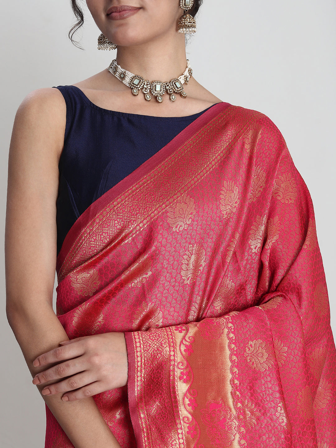 Janasya Pink Silk Blend Ethnic Motifs Jacquard Saree | Swadesiicart