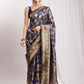 Janasya Navy Blue Silk Blend Floral Jacquard Saree | Swadesiicart