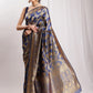 Janasya Navy Blue Silk Blend Floral Jacquard Saree | Swadesiicart