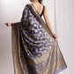 Janasya Navy Blue Silk Blend Floral Jacquard Saree | Swadesiicart
