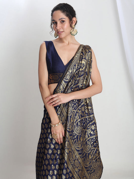 Janasya Navy Blue Silk Blend Geometric Jacquard Saree | Swadesiicart