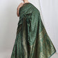 Janasya Dark Green Silk Blend Floral Jacquard Saree | Swadesiicart