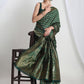 Janasya Dark Green Silk Blend Floral Jacquard Saree | Swadesiicart