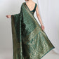 Janasya Dark Green Silk Blend Floral Jacquard Saree | Swadesiicart