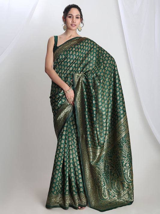 Janasya Dark Green Silk Blend Floral Jacquard Saree | Swadesiicart