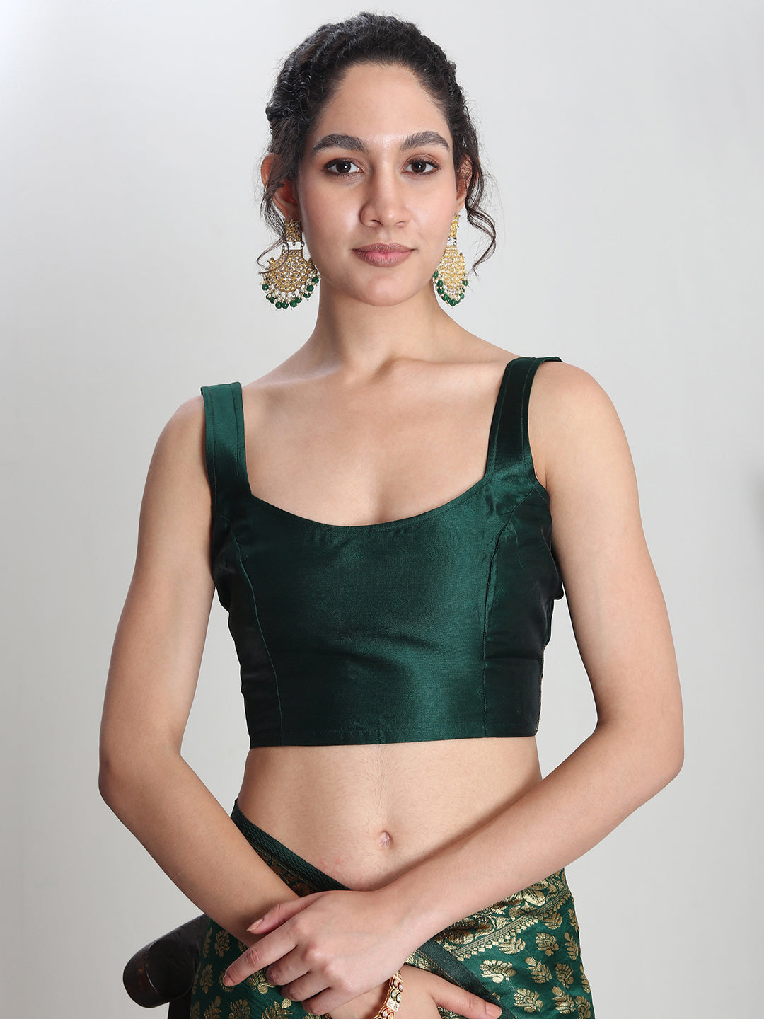 Janasya Dark Green Silk Blend Floral Jacquard Saree | Swadesiicart