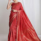 Janasya Red Silk Blend Floral Jacquard Saree | Swadesiicart
