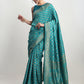 Janasya Turquoise Silk Blend Ethnic Motifs Jacquard Saree | Swadesiicart