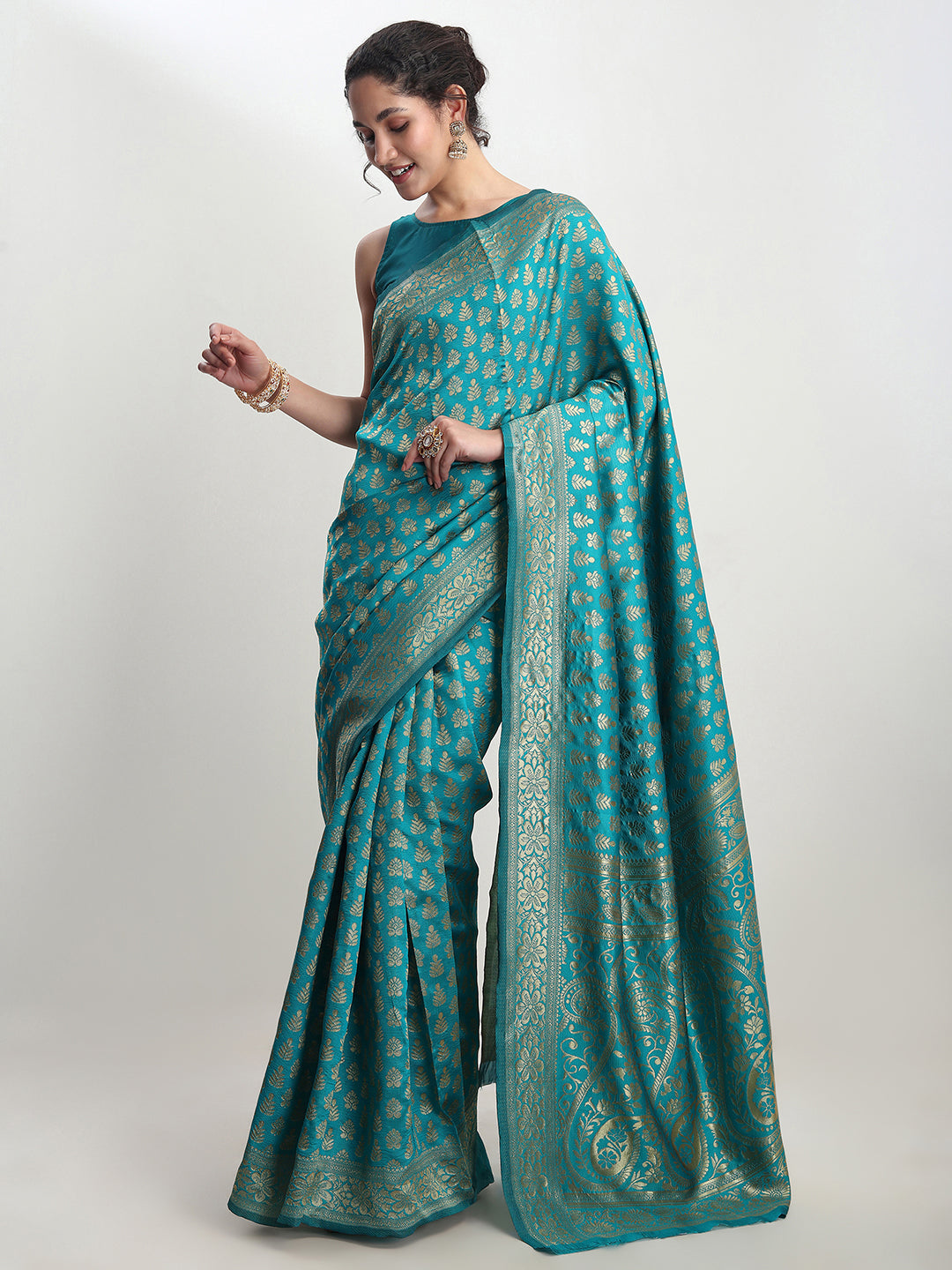 Janasya Turquoise Silk Blend Ethnic Motifs Jacquard Saree | Swadesiicart