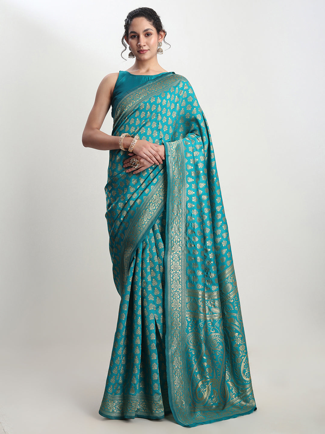 Janasya Turquoise Silk Blend Ethnic Motifs Jacquard Saree | Swadesiicart