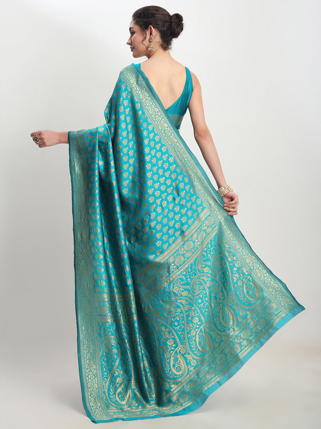 Janasya Turquoise Silk Blend Ethnic Motifs Jacquard Saree | Swadesiicart