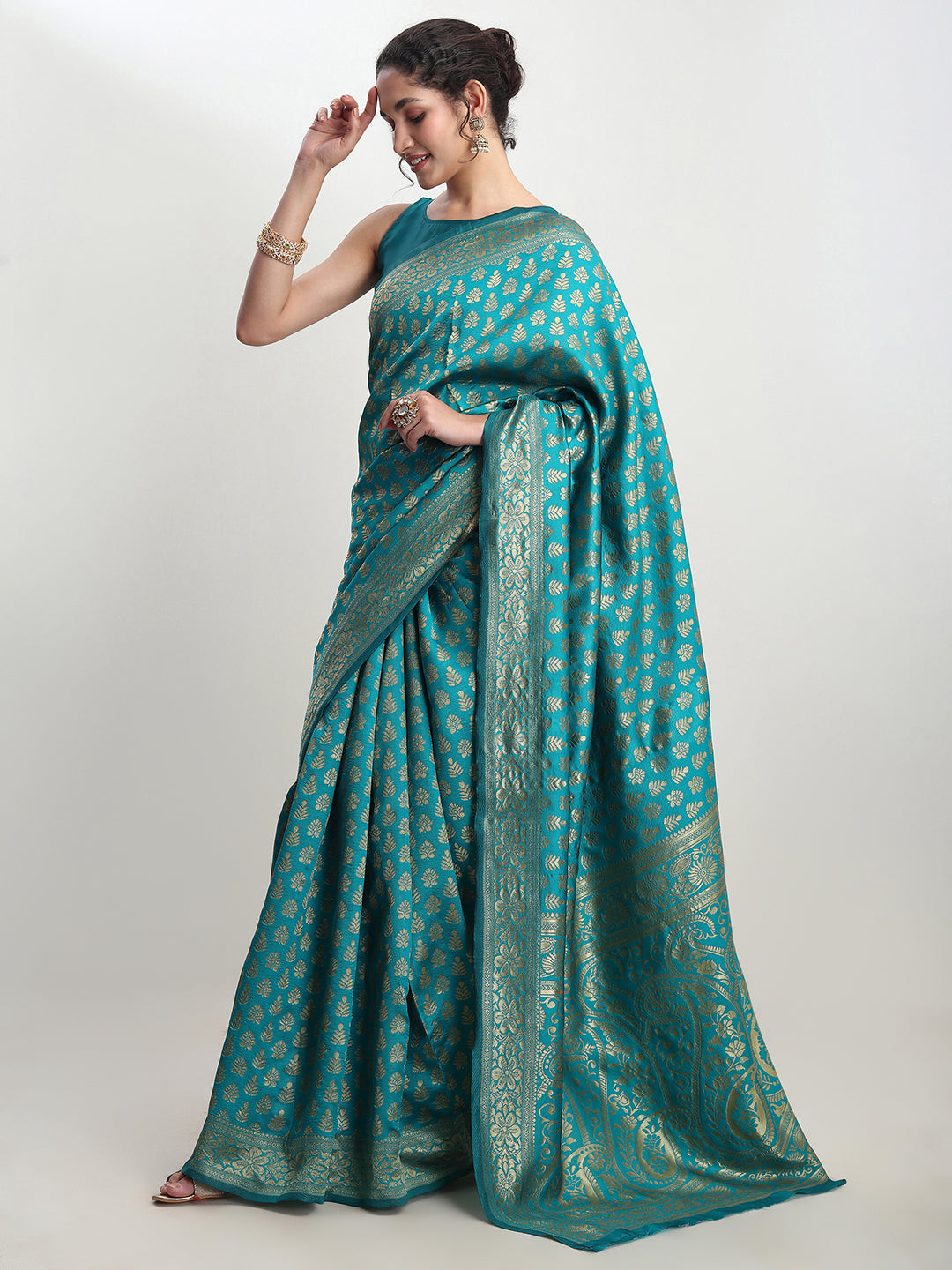 Janasya Turquoise Silk Blend Ethnic Motifs Jacquard Saree | Swadesiicart