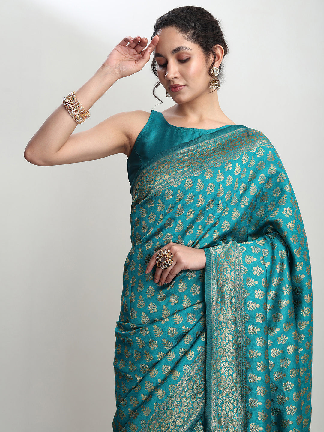 Janasya Turquoise Silk Blend Ethnic Motifs Jacquard Saree | Swadesiicart