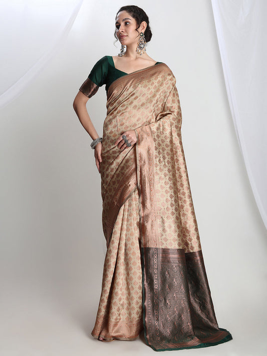 Janasya Beige Silk Blend Ethnic Motifs Jacquard Saree | Swadesiicart