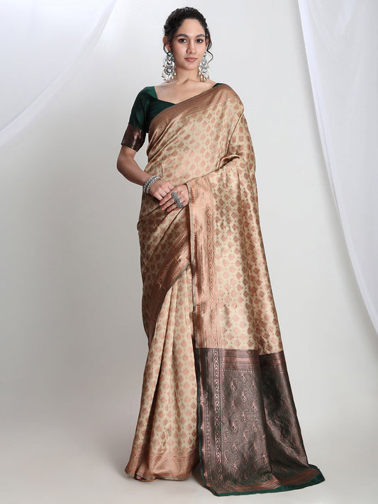 Janasya Beige Silk Blend Ethnic Motifs Jacquard Saree | Swadesiicart