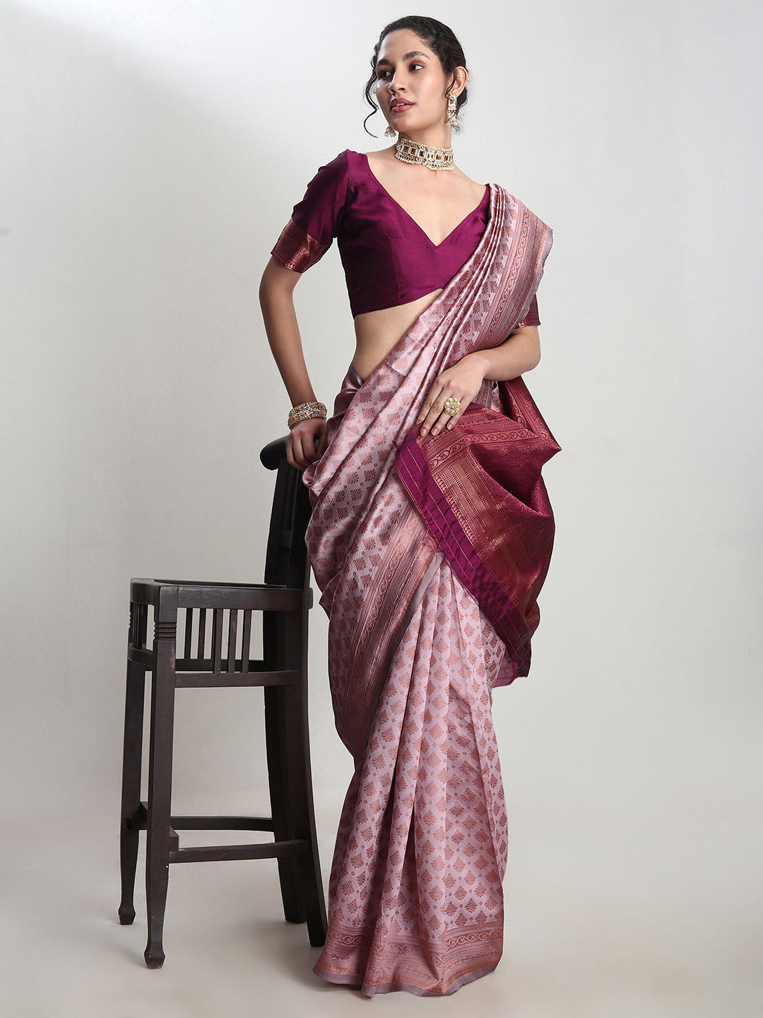 Janasya Dusty Pink Silk Blend Ethnic Motifs Jacquard Saree | Swadesiicart