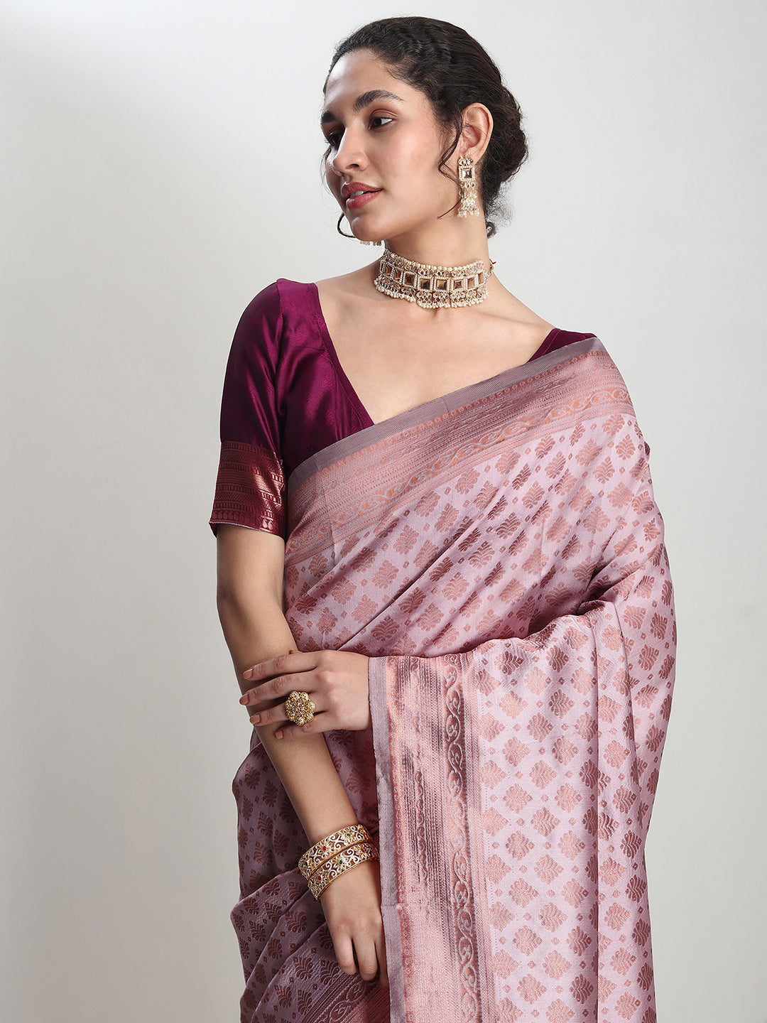 Janasya Dusty Pink Silk Blend Ethnic Motifs Jacquard Saree | Swadesiicart