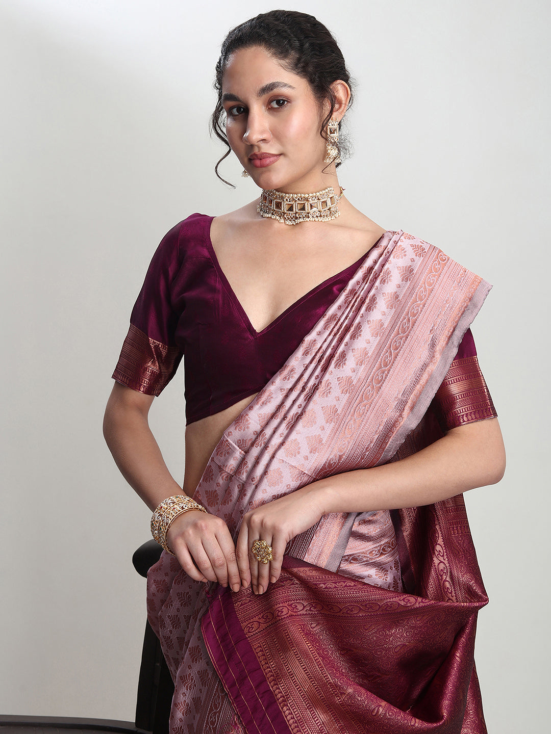 Janasya Dusty Pink Silk Blend Ethnic Motifs Jacquard Saree | Swadesiicart