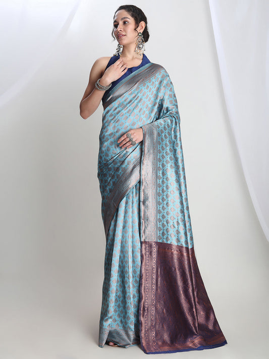 Janasya Light Blue Silk Blend Ethnic Motifs Jacquard Saree | Swadesiicart