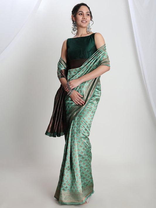 Janasya Light Green Silk Blend Ethnic Motifs Jacquard Saree | Swadesiicart