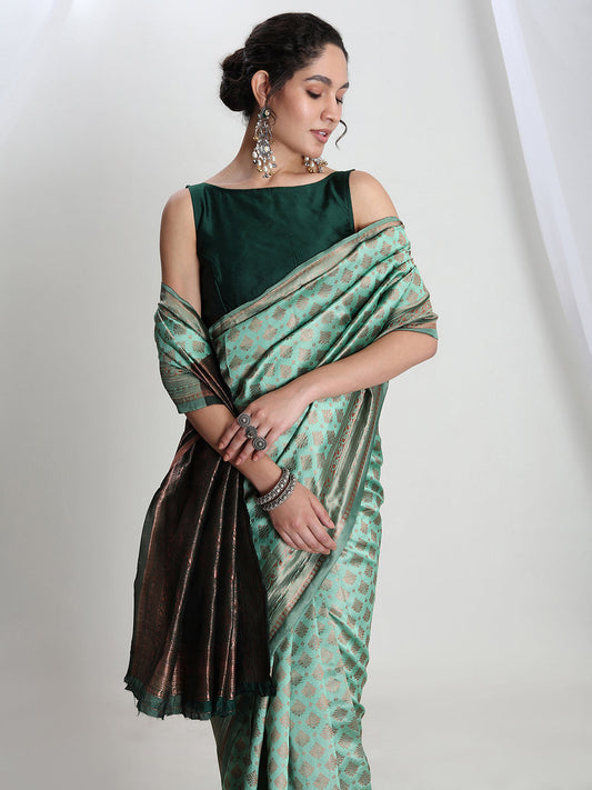 Janasya Light Green Silk Blend Ethnic Motifs Jacquard Saree | Swadesiicart