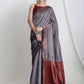 Janasya Grey Silk Blend Ethnic Motifs Jacquard Saree | Swadesiicart