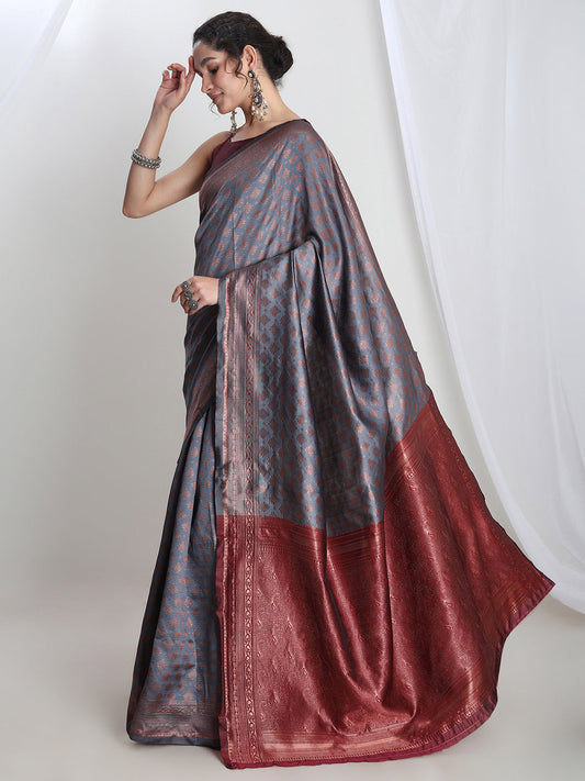 Janasya Grey Silk Blend Ethnic Motifs Jacquard Saree | Swadesiicart