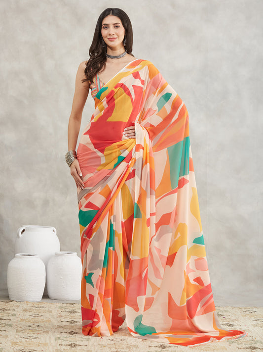 Janasya Multicolor Georgette Abstract Printed Saree | Swadesiicart