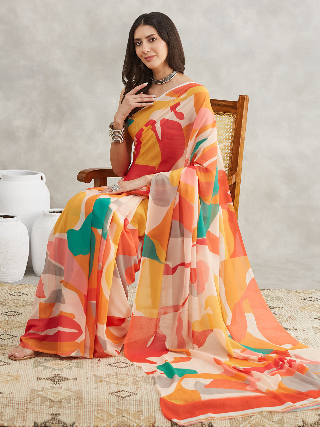 Janasya Multicolor Georgette Abstract Printed Saree | Swadesiicart