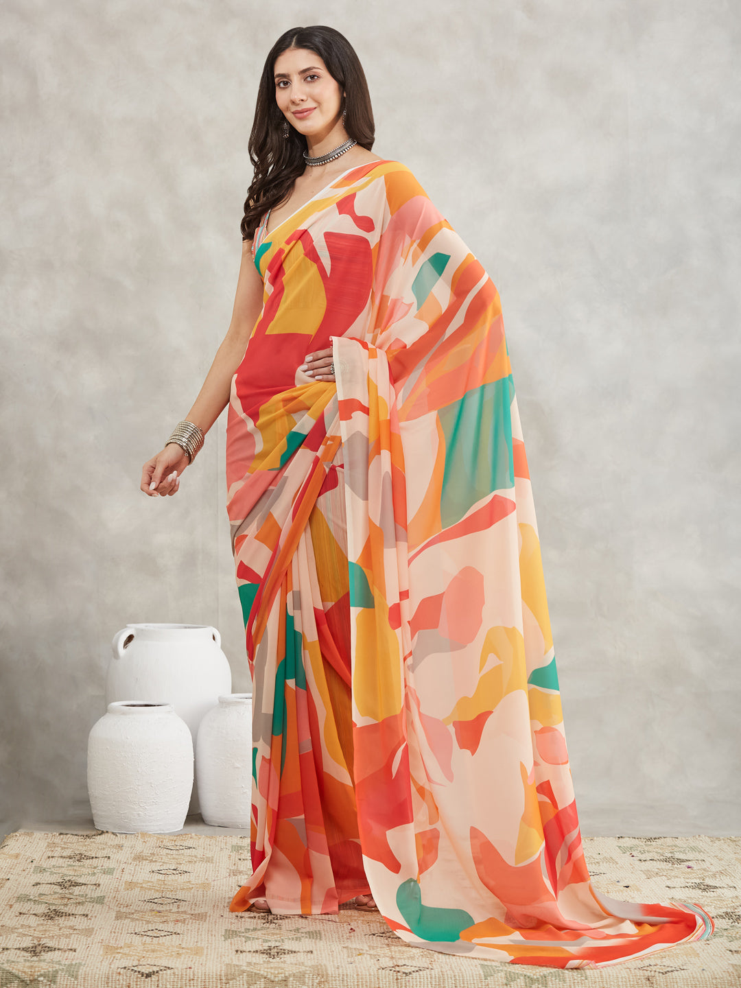 Janasya Multicolor Georgette Abstract Printed Saree | Swadesiicart