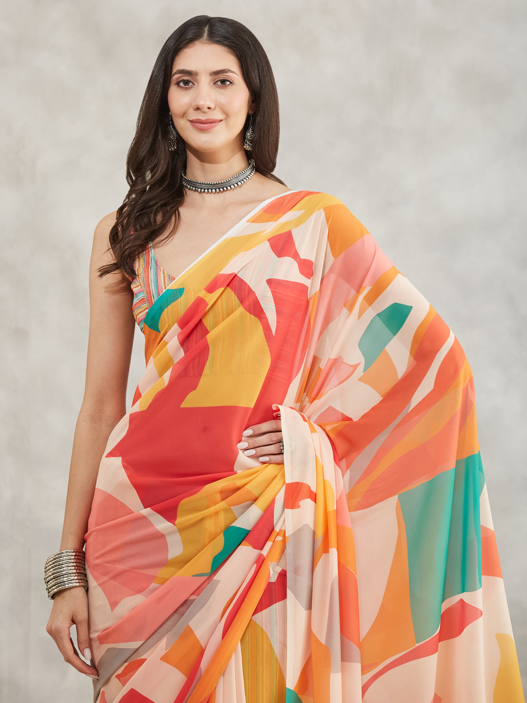 Janasya Multicolor Georgette Abstract Printed Saree | Swadesiicart