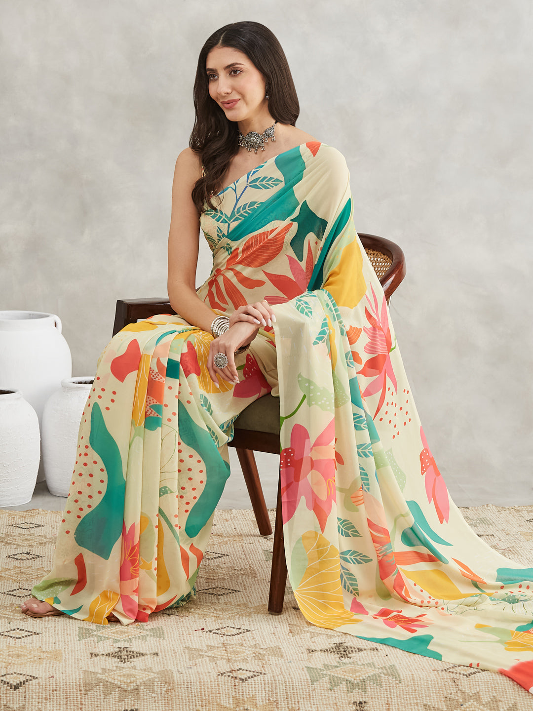 Janasya Multicolor Georgette Tropical Printed Saree | Swadesiicart