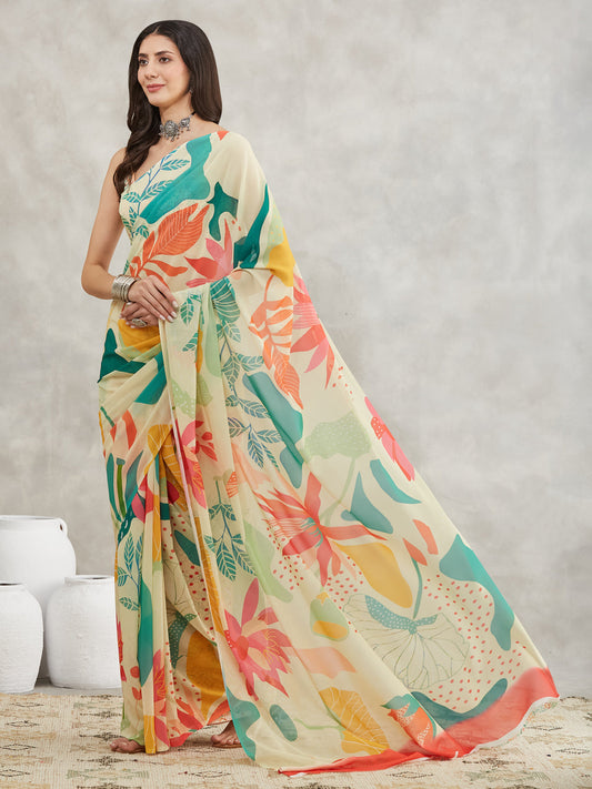 Janasya Multicolor Georgette Tropical Printed Saree | Swadesiicart