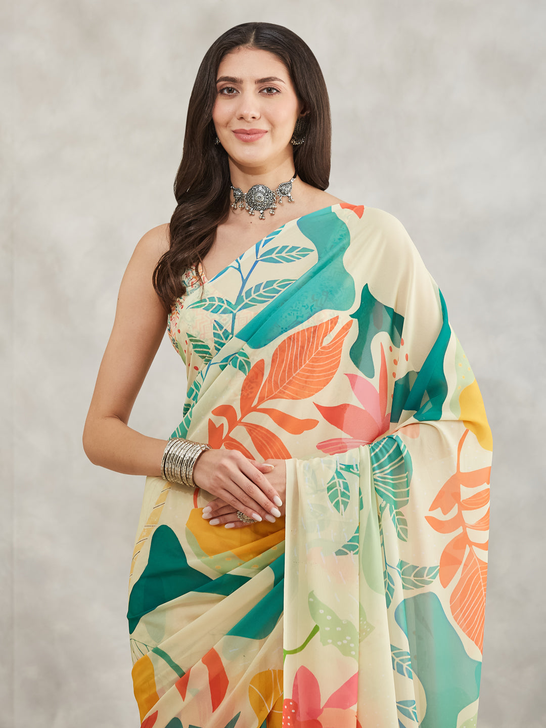 Janasya Multicolor Georgette Tropical Printed Saree | Swadesiicart