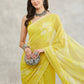 Janasya Lime Yellow Georgette Floral Printed Saree | Swadesiicart