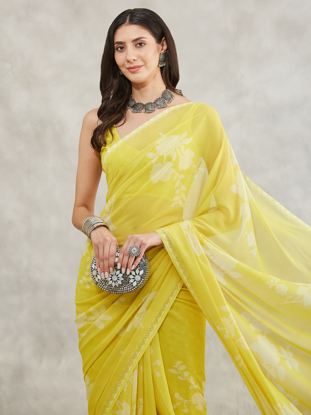 Janasya Lime Yellow Georgette Floral Printed Saree | Swadesiicart