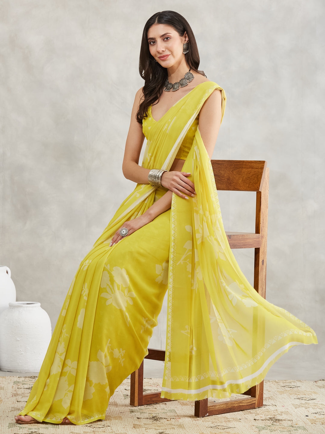 Janasya Lime Yellow Georgette Floral Printed Saree | Swadesiicart