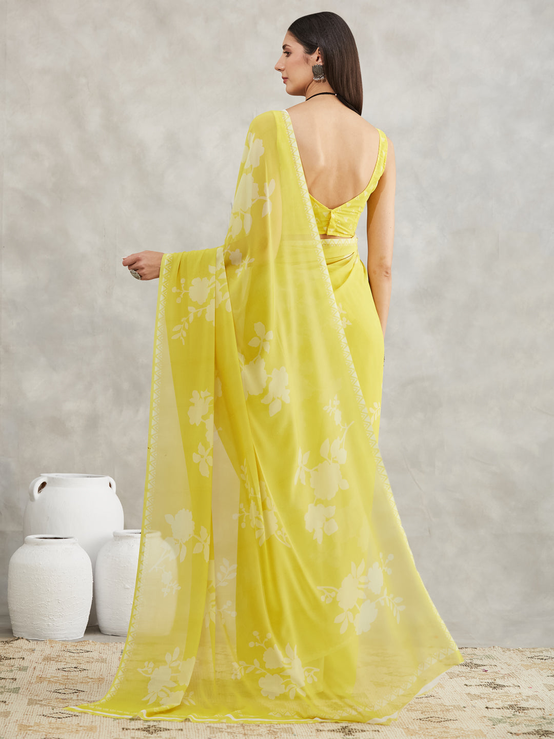 Janasya Lime Yellow Georgette Floral Printed Saree | Swadesiicart