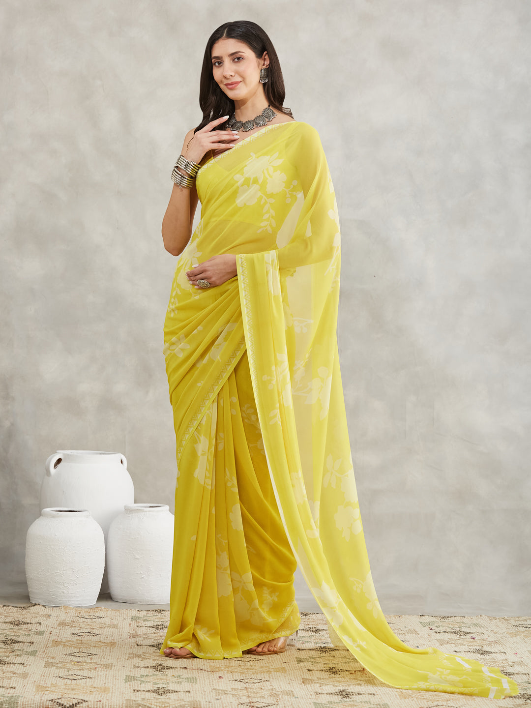 Janasya Lime Yellow Georgette Floral Printed Saree | Swadesiicart