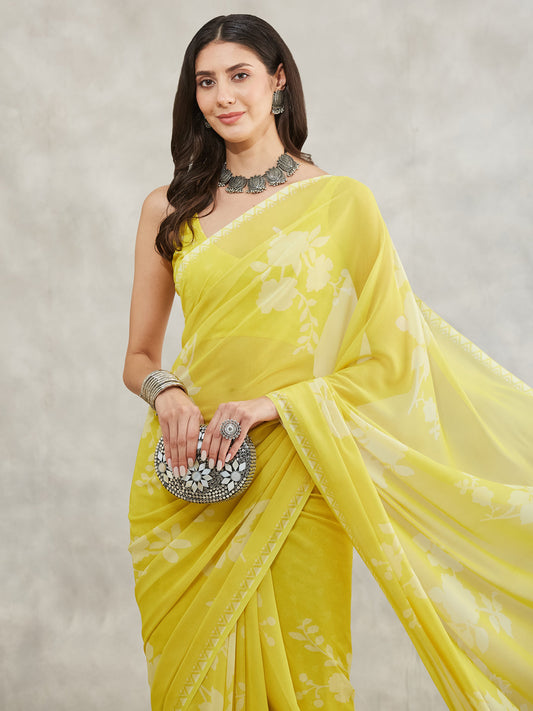 Janasya Lime Yellow Georgette Floral Printed Saree | Swadesiicart