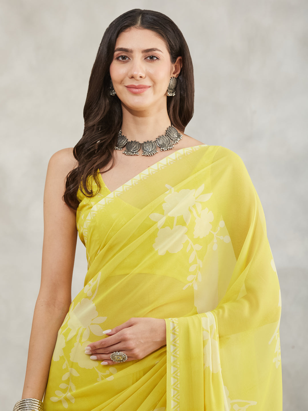 Janasya Lime Yellow Georgette Floral Printed Saree | Swadesiicart