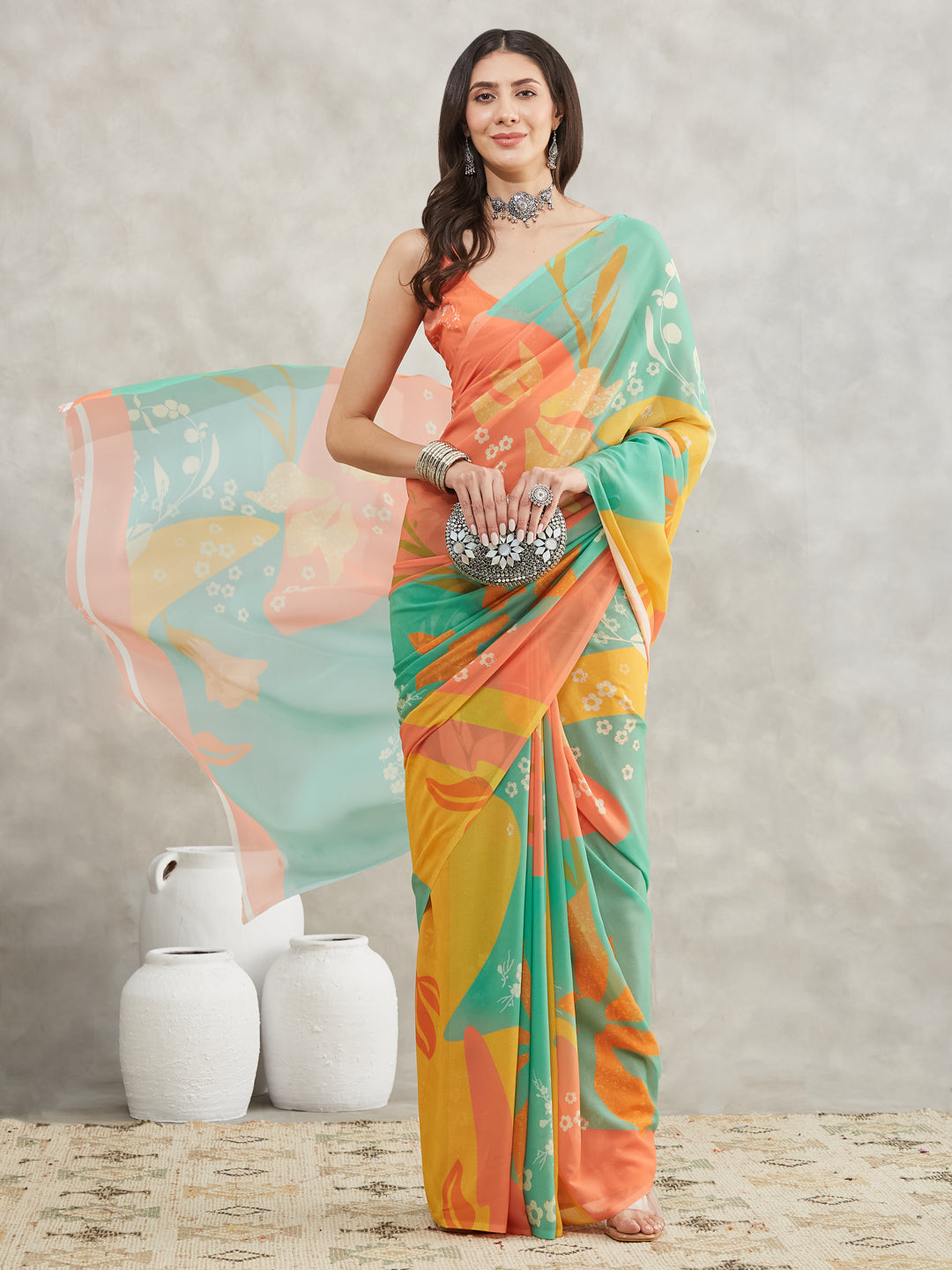 Janasya Multicolor Georgette Floral Printed Saree | Swadesiicart
