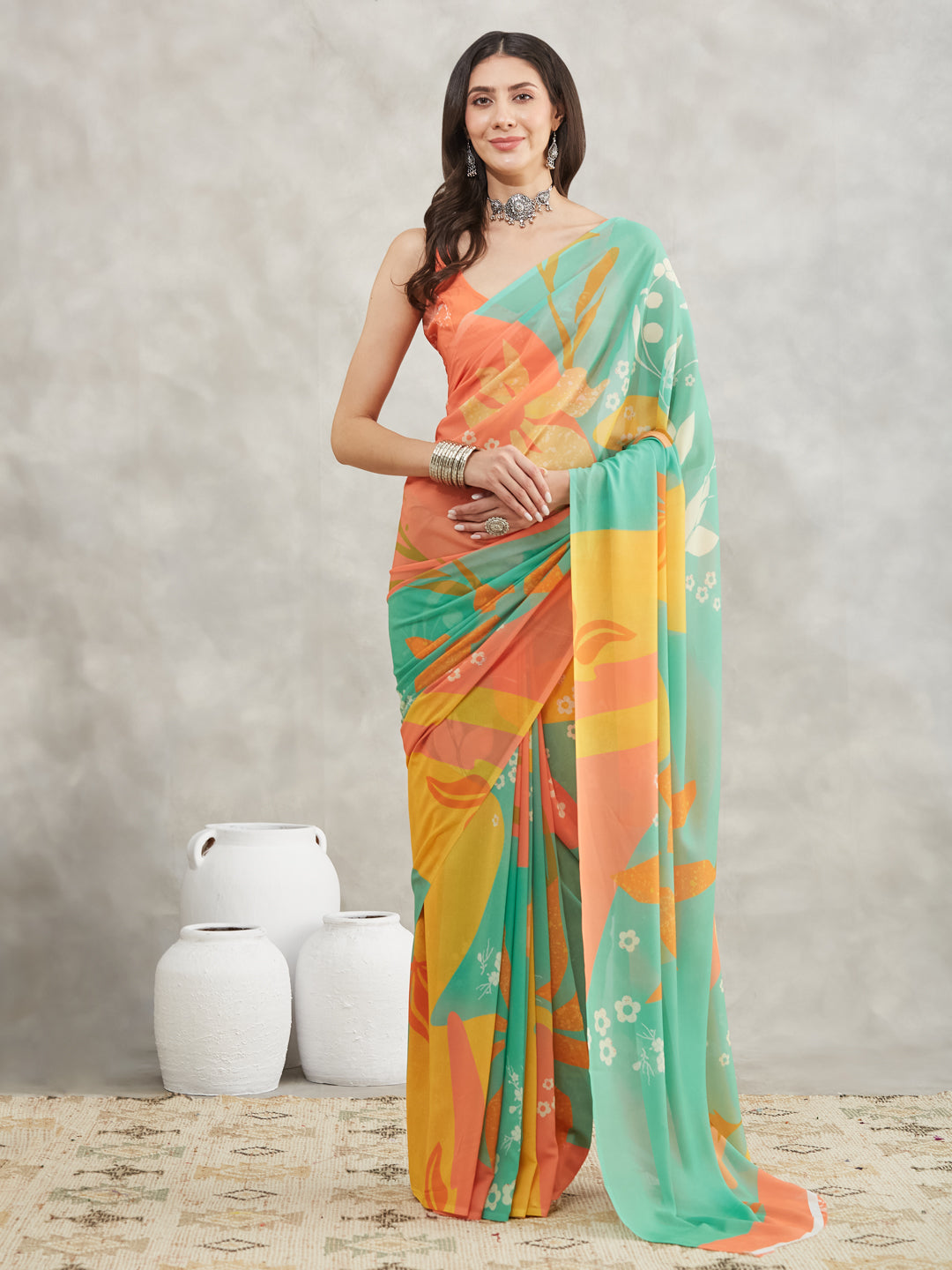 Janasya Multicolor Georgette Floral Printed Saree | Swadesiicart