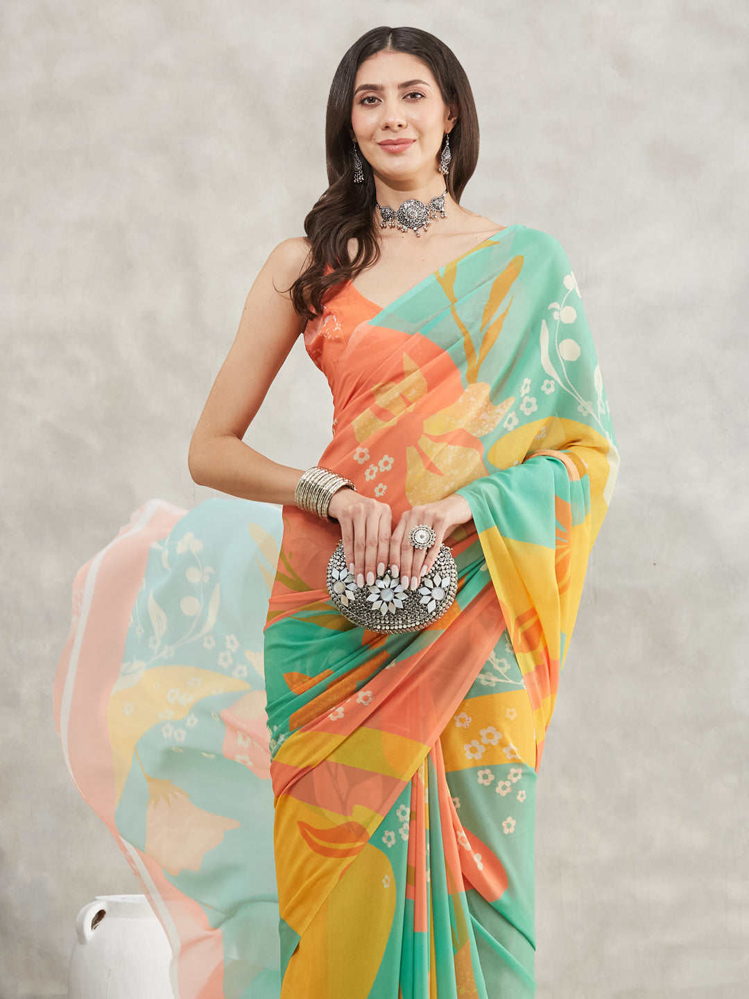 Janasya Multicolor Georgette Floral Printed Saree | Swadesiicart