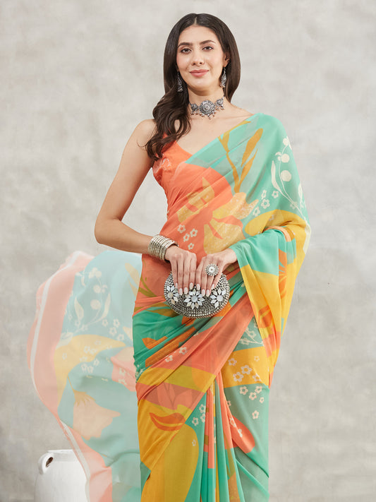 Janasya Multicolor Georgette Floral Printed Saree | Swadesiicart