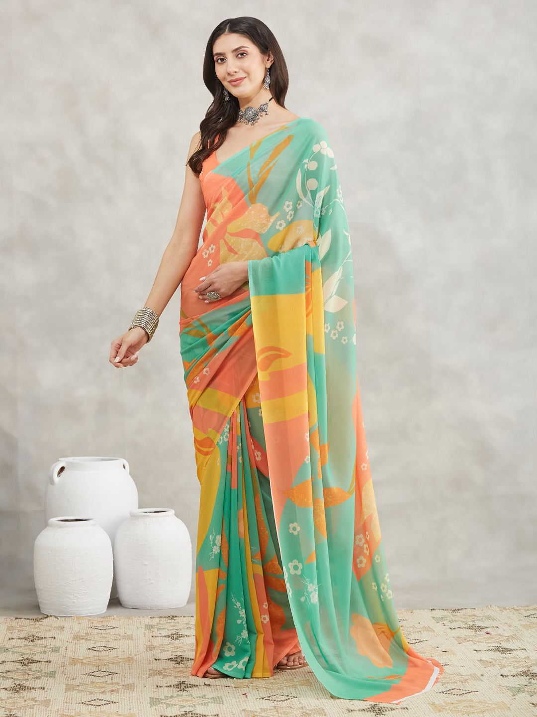 Janasya Multicolor Georgette Floral Printed Saree | Swadesiicart