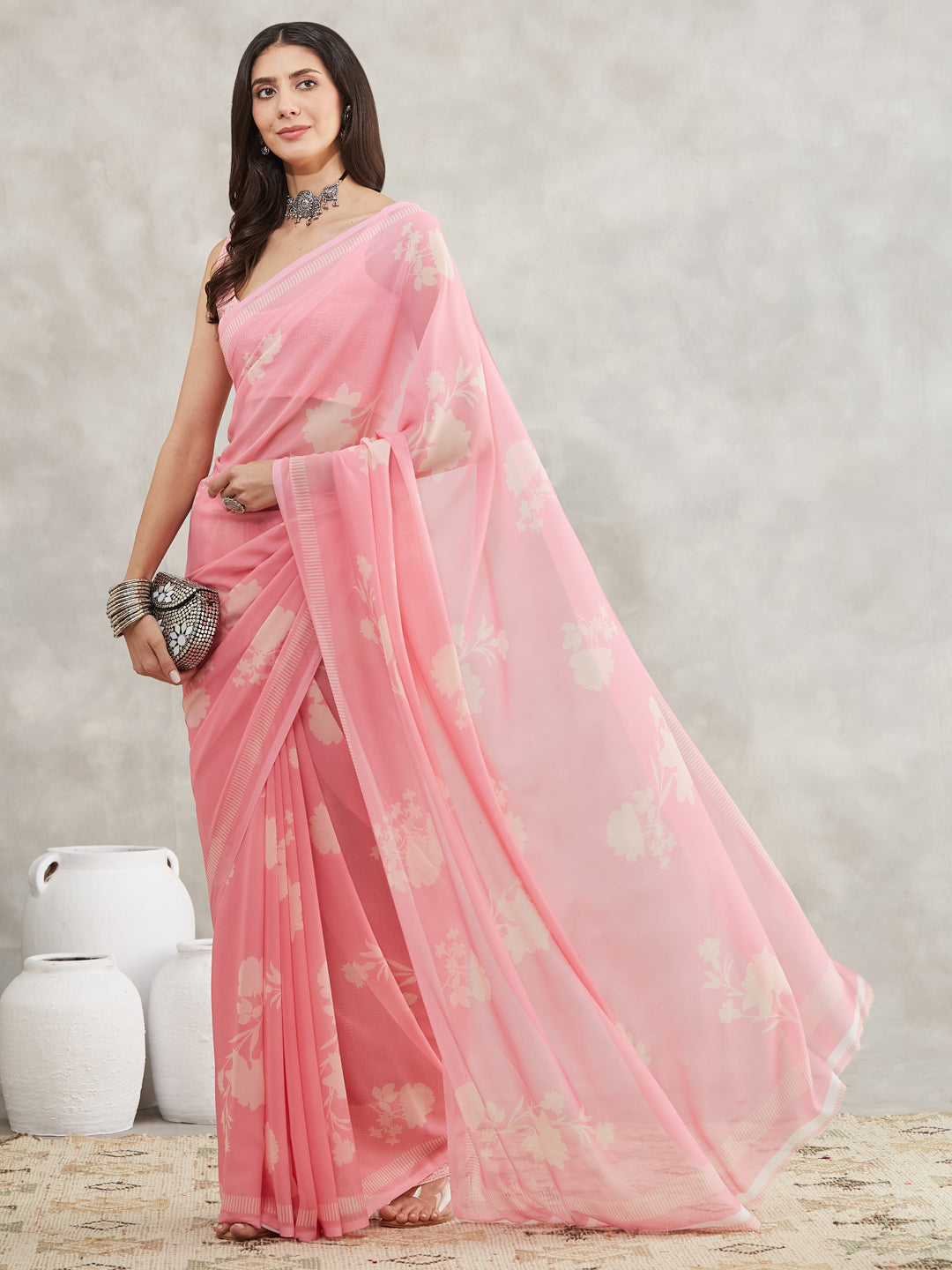 Janasya Light Pink Georgette Floral Printed Saree | Swadesiicart