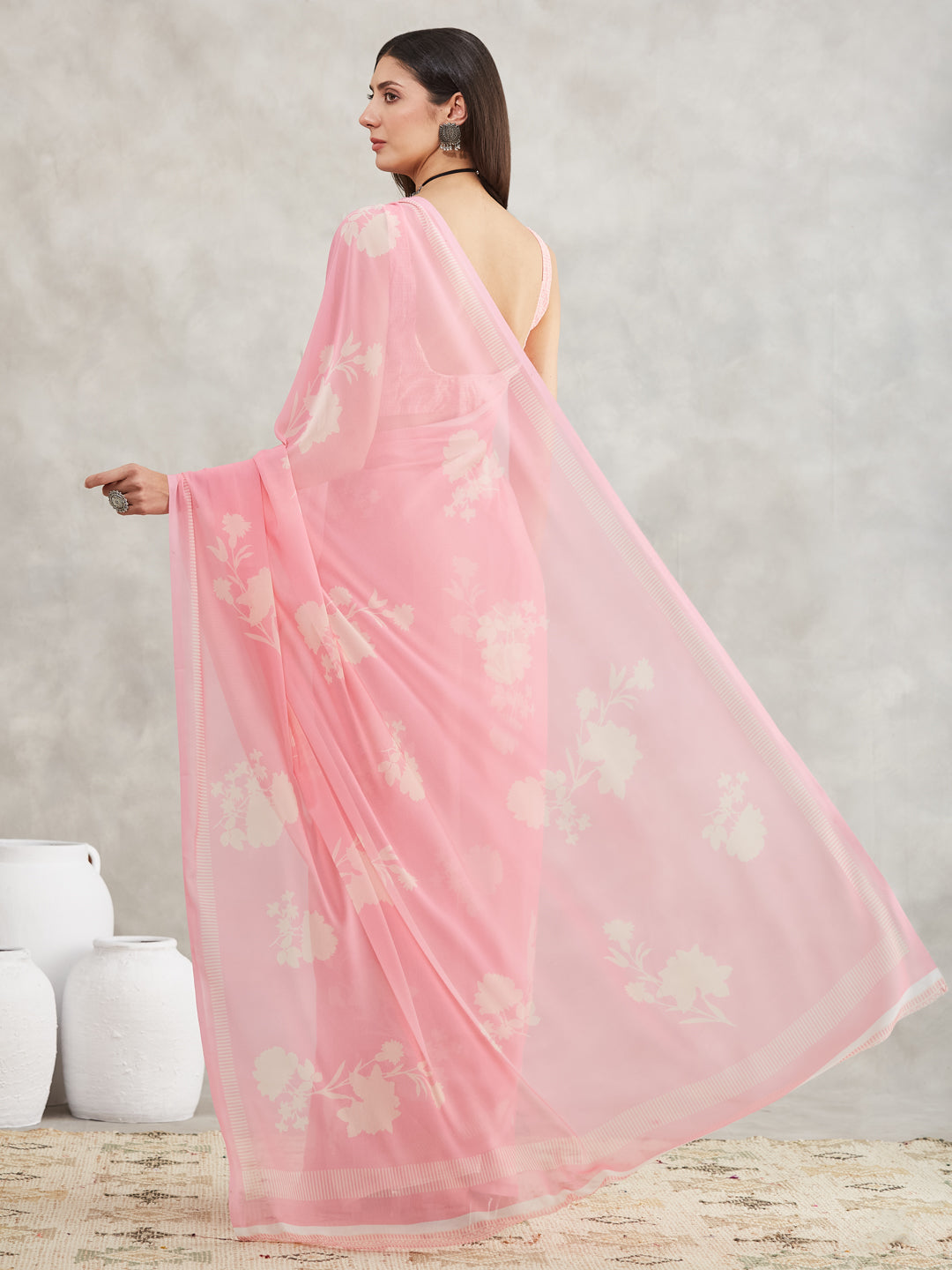Janasya Light Pink Georgette Floral Printed Saree | Swadesiicart